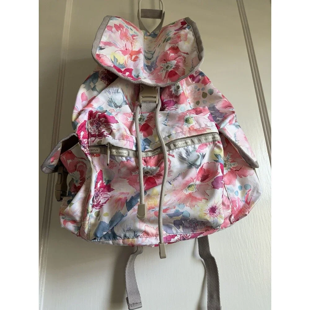 LeSportsac EUC Voyager Backpack Floral Watercolor Pink Drawstring Travel Bag